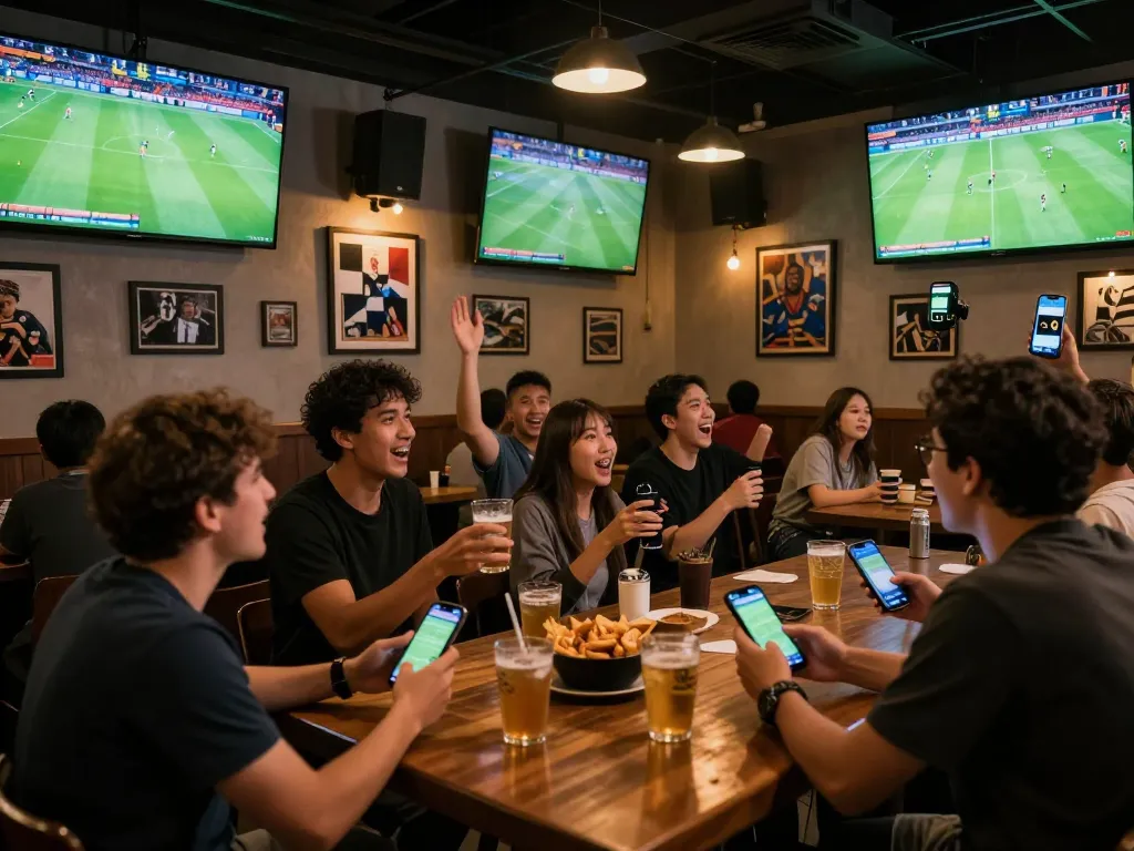Fans cheering at a sports bar while enjoying truc tiep bong da on multiple screens.