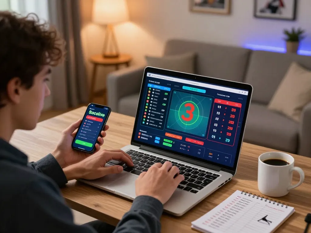 Socolive sports betting excitement with live odds displayed on laptop, cozy home setting.
