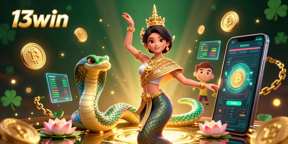 Experience thrilling wins with 13win's vibrant 3D casino illustration featuring an elegant dancer and crypto elements.