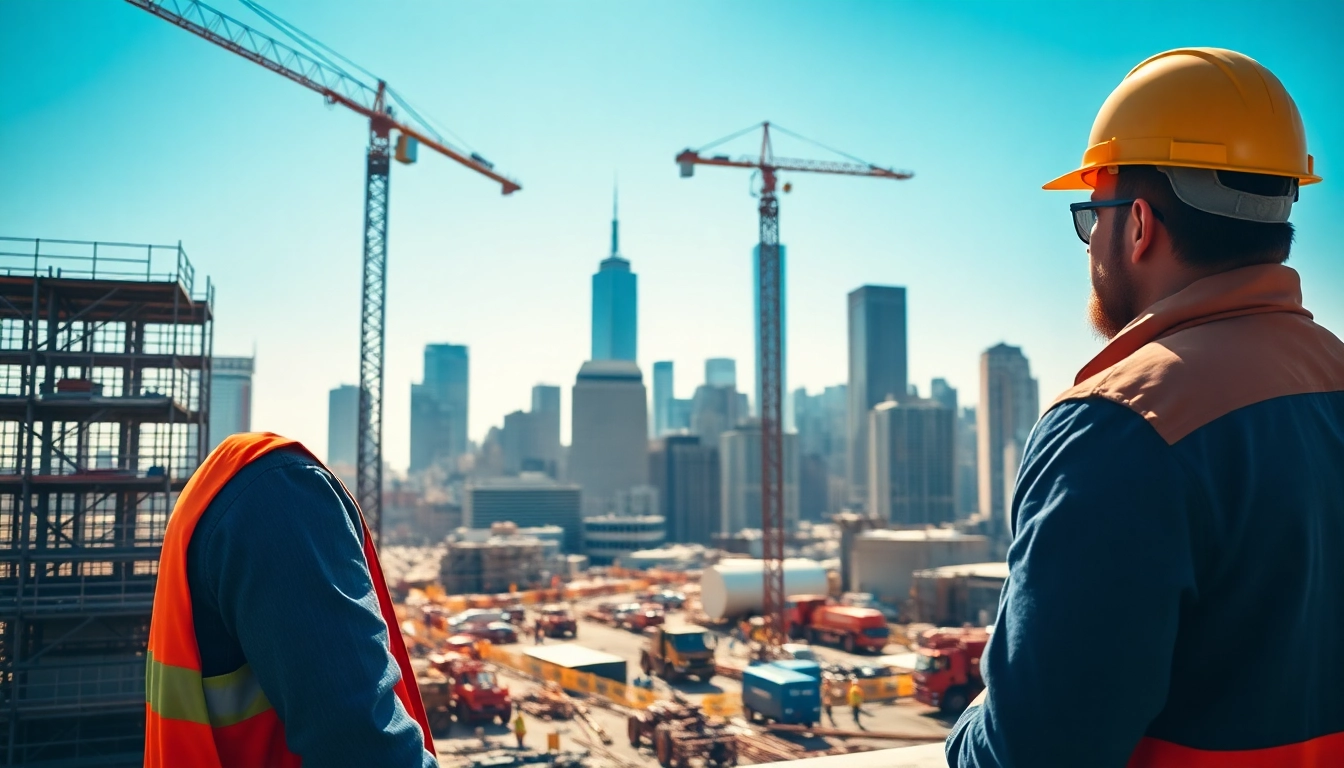 New York City General Contractor supervising a vibrant construction site with skyline in the background.