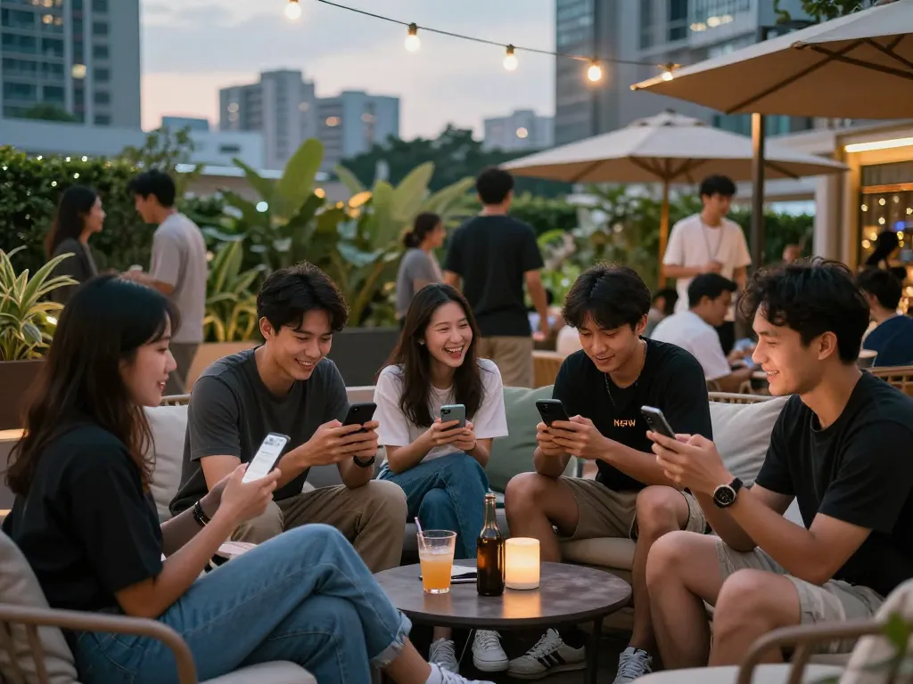 Group enjoying a casual outdoor gathering, engaging with NSFW content on phones in an urban setting.