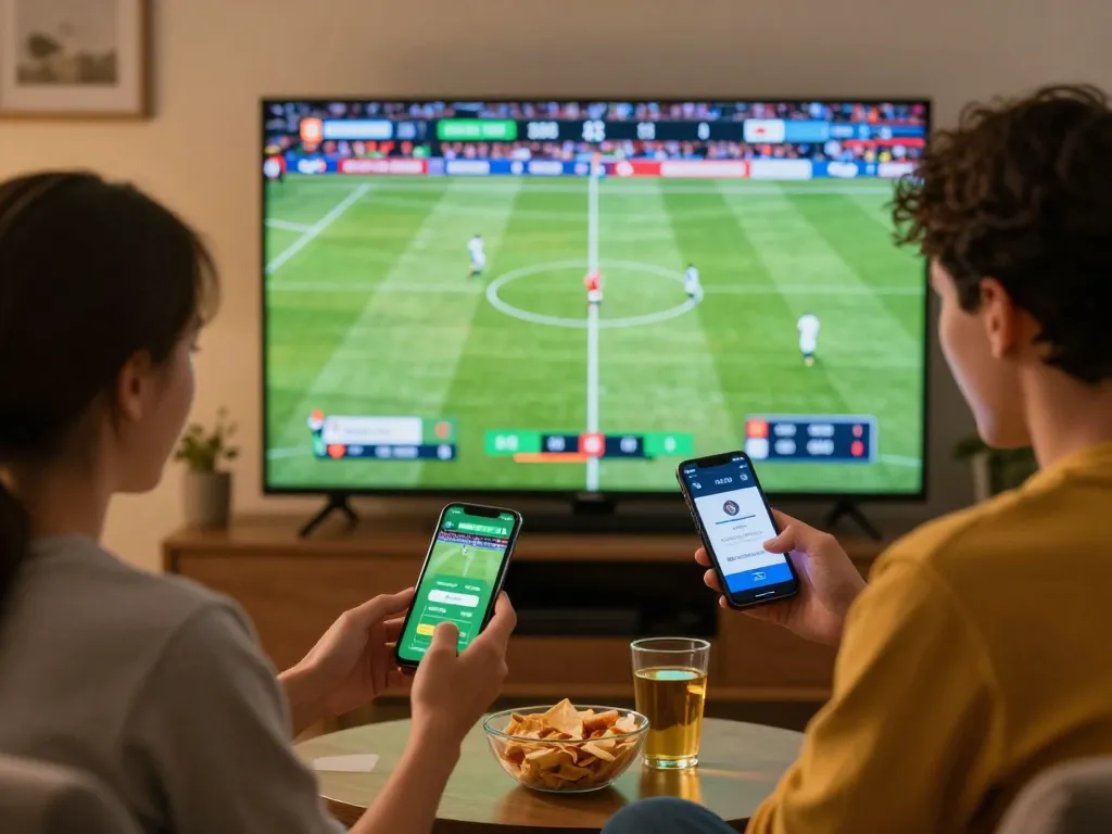 Excited sports fan watching live football while placing bets on mobile app for truc tiep bong da.