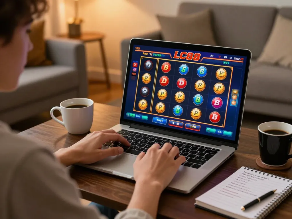Engaging in online gaming at LC88 casino from a cozy home setting with a laptop showing vibrant game interface.