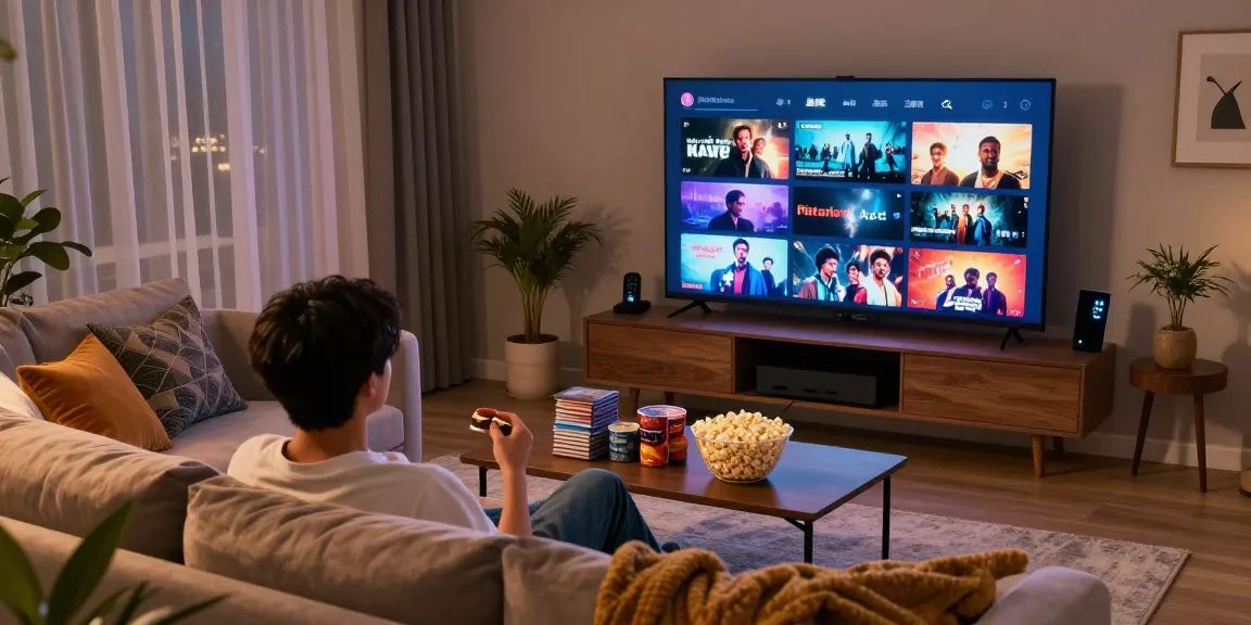 Pikashow APK streaming movies in a cozy entertainment room with snacks and gaming gear