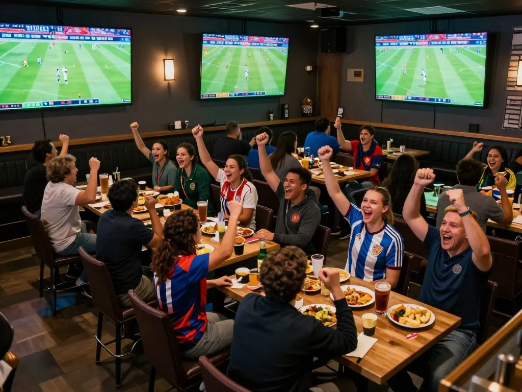 Engaged fans in a vibrant sports bar watching truc tiep bong da, celebrating with excitement.