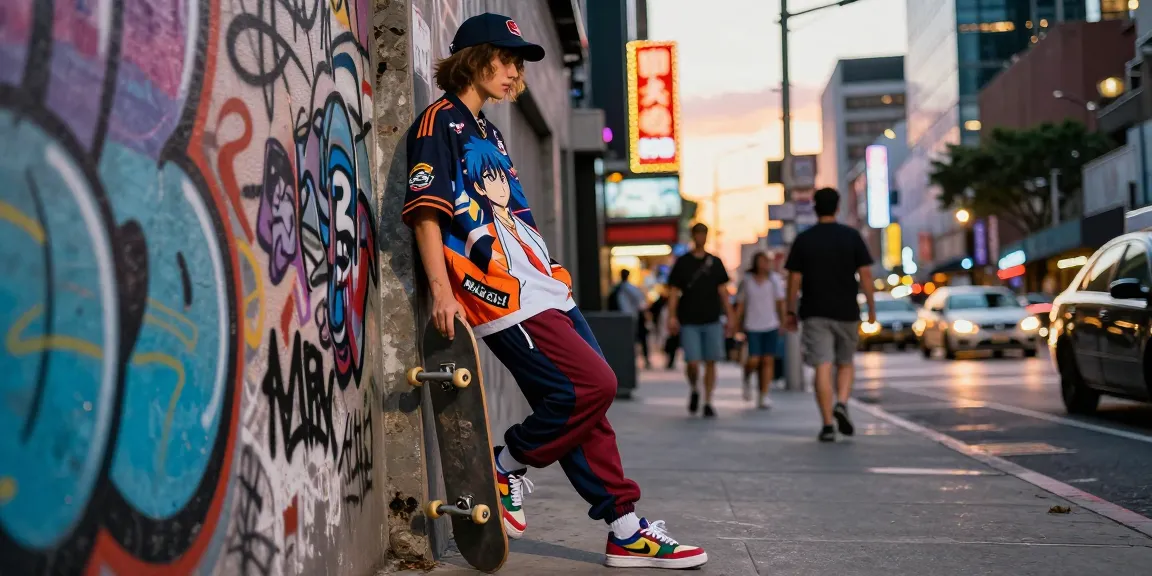 Anime street racing shirt worn by a trendy individual in a vibrant urban setting.