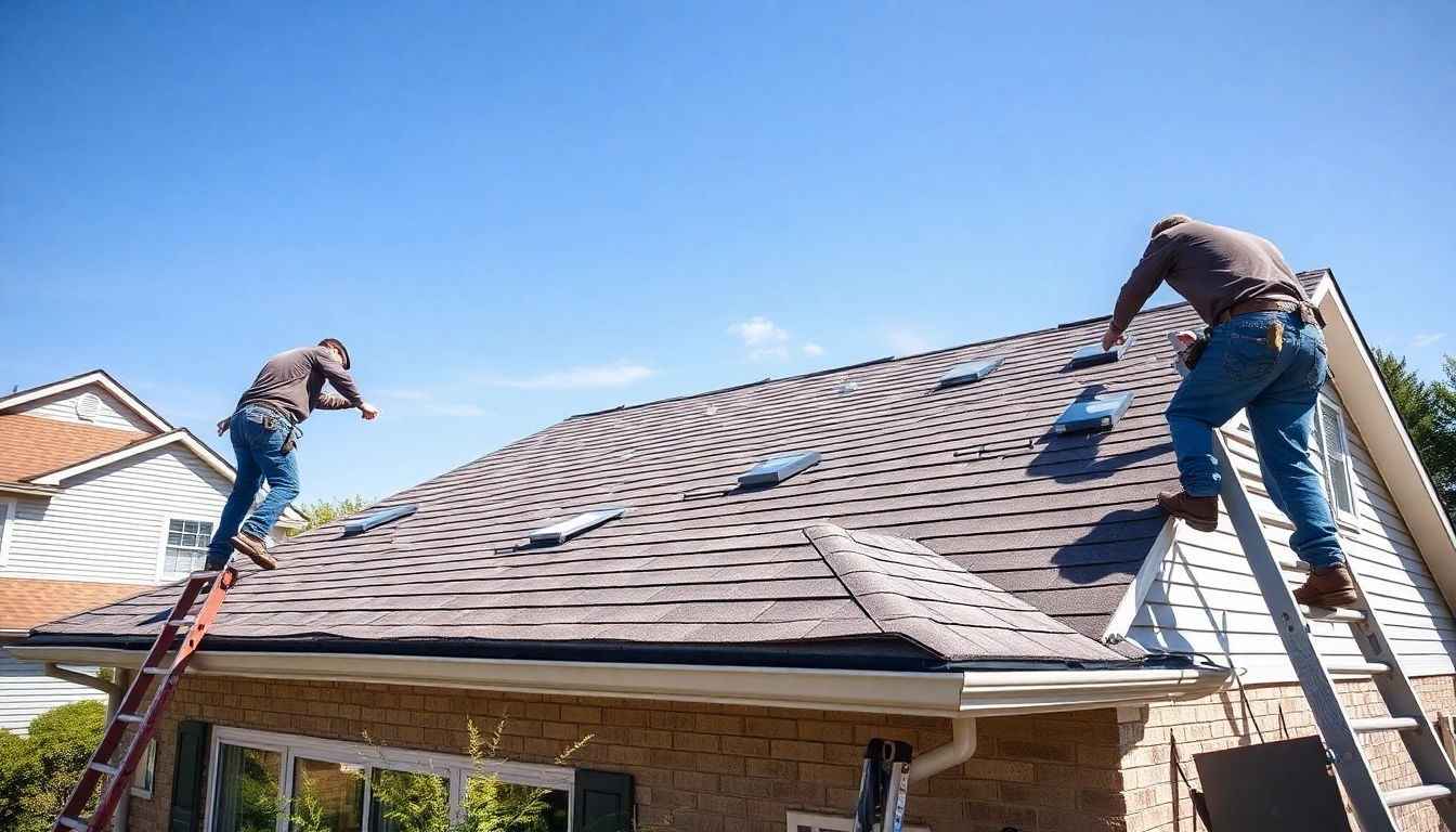 Installers working on roofing in South Jersey neighborhood with clear blue sky.