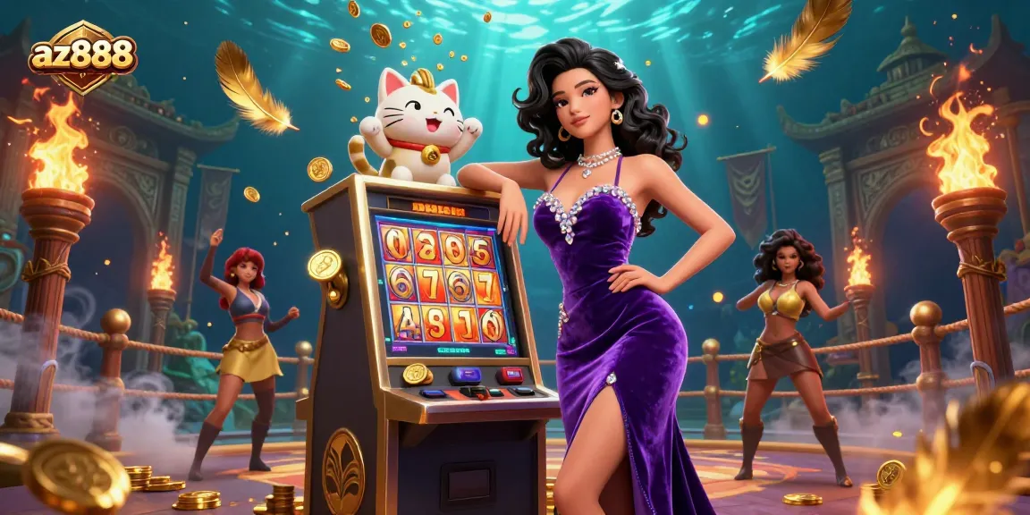 Experience the thrill of az888 with a glamorous woman celebrating a jackpot beside a fortune cat amidst a rich casino backdrop.