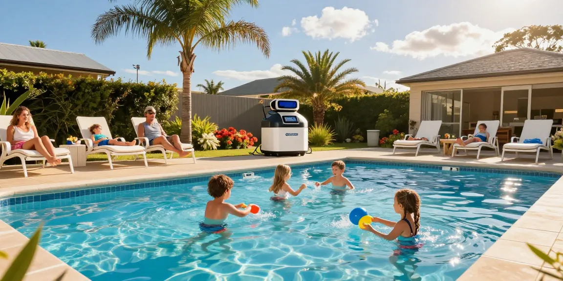 Family enjoying a clean pool with Replacement Cells in Australia in background, showcasing outdoor summer leisure.