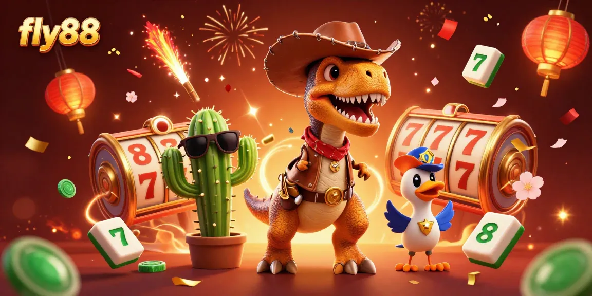 Experience the thrilling jackpot action at fly88 with our cartoon dinosaur cowboy and vibrant casino visuals.