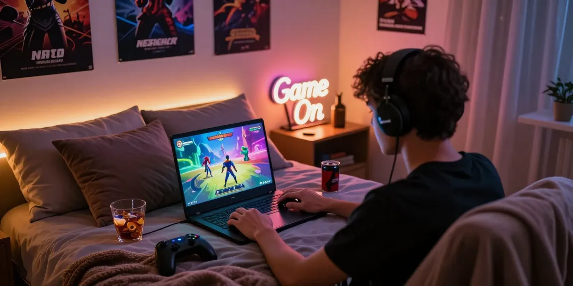 Engaged player enjoying nsfw games in a cozy bedroom environment.