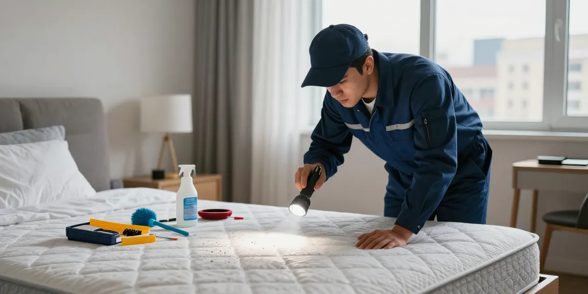 Professional inspecting mattress for bed bug pest control in a cozy bedroom setting.