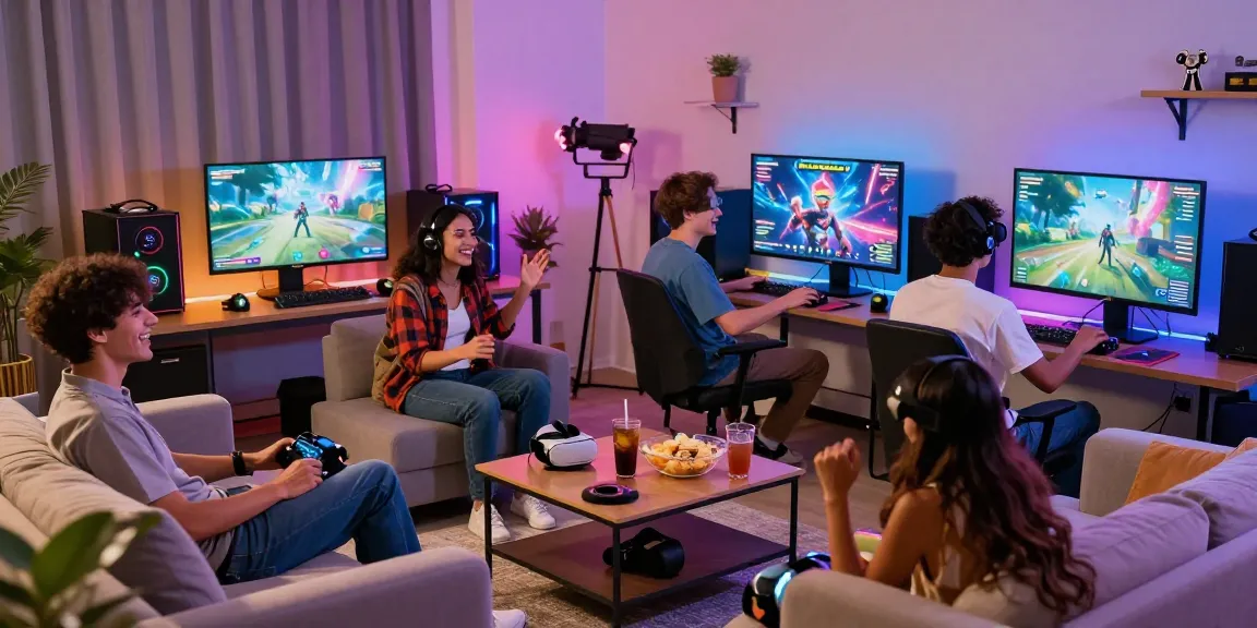 Group of friends enjoying an adult game in a vibrant gaming setup, showcasing laughter and excitement.