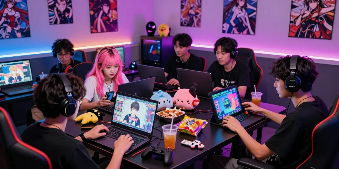 Group enjoying hentaigames in a vibrant gaming lounge, showcasing devices and social interaction.