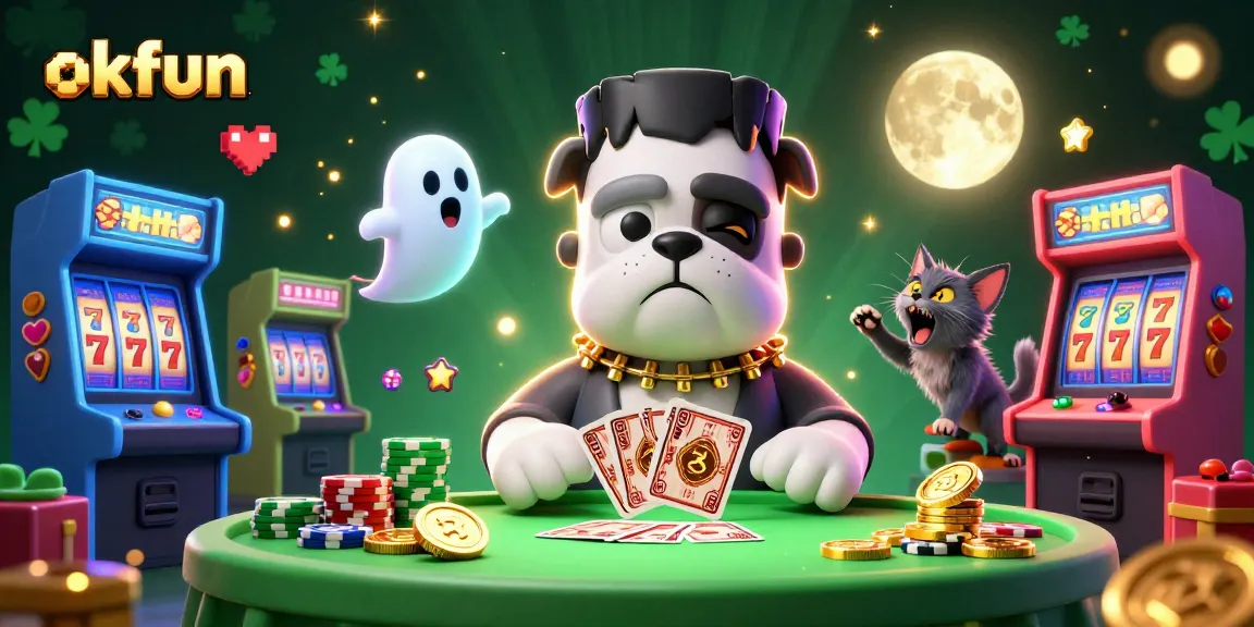 okfun casino scene featuring a Frankenstein bulldog dealing cards surrounded by vibrant game elements