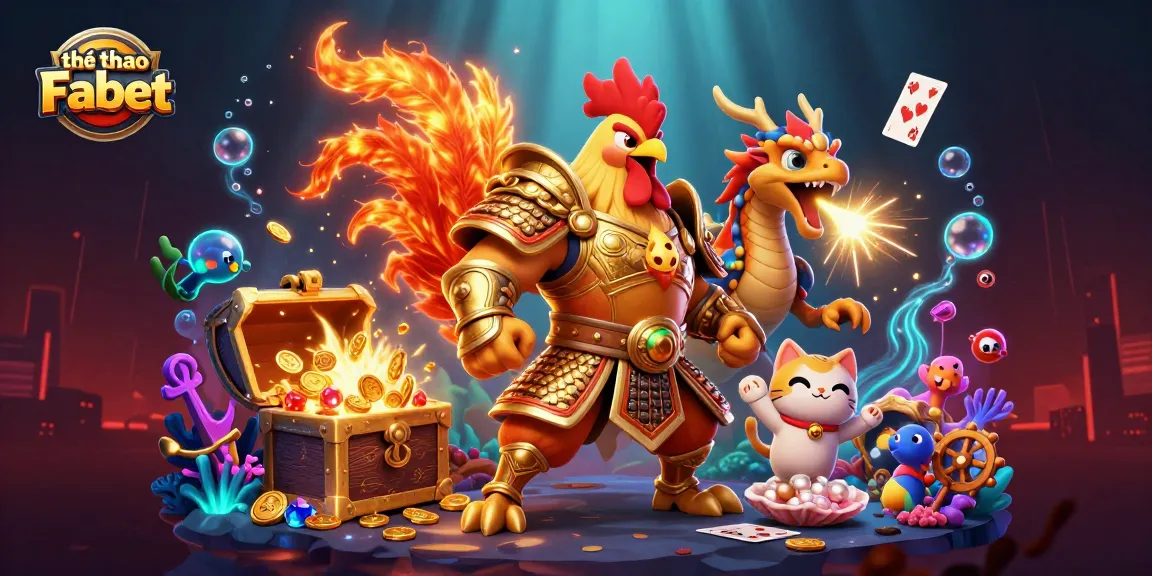 Engage in thể thao Fabet with a heroic rooster, dragon hatchling, and treasure-filled scene.