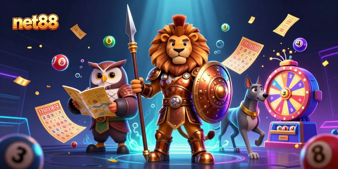 Engage with net88's exciting lottery scene, featuring a lion, owl, and greyhound amidst vibrant game elements.