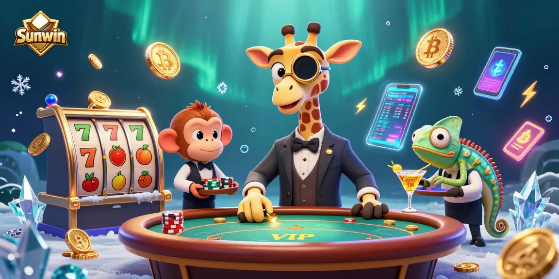Experience the thrill at Sunwin with a high-roller giraffe and vibrant casino elements.