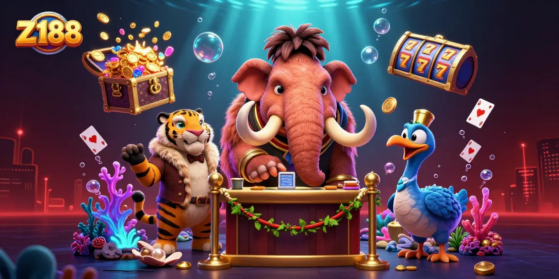 Join the fun at Z 188 with a dynamic 3D illustration featuring a mammoth bouncer, a VIP saber-tooth, and engaging casino elements.