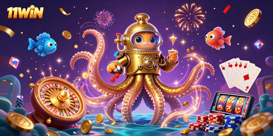 Experience 11WIN's thrilling treasures with a kraken and diving cat in a vibrant casino scene.