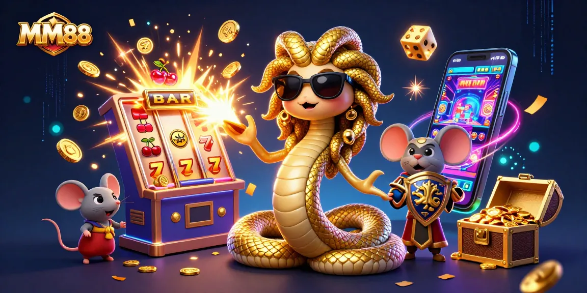 Experience MM88's thrilling jackpot explosion with Medusa and a warrior mouse in a colorful casino scene.