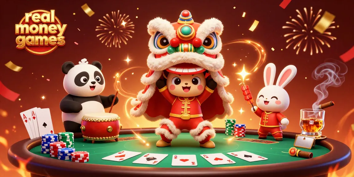 Experience real money games with vibrant characters and poker elements in an exciting casino scene.