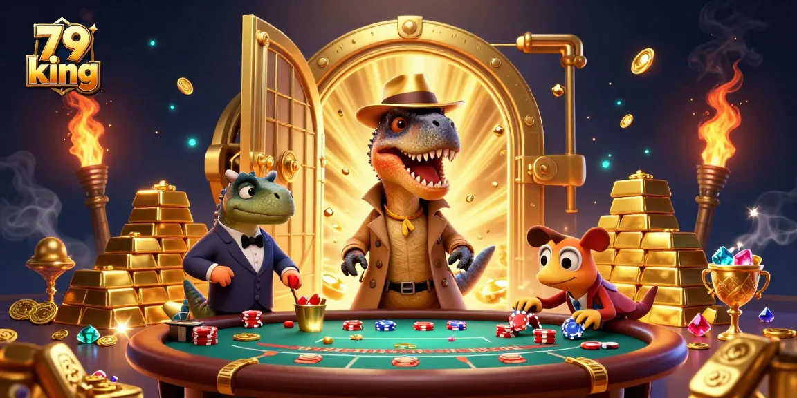 Engaging 3D scene featuring a 79 king velociraptor card counter at a blackjack table, surrounded by gold elements.