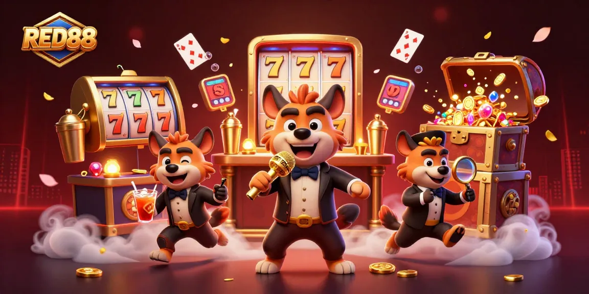 Join the excitement at RED88 with hyena comedians and dazzling casino elements!