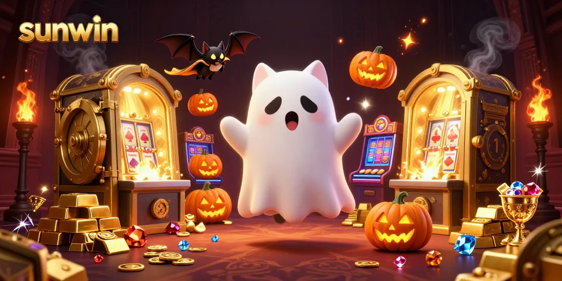 Experience the excitement of sunwin at a haunted casino with vibrant ghost characters and gold treasures.