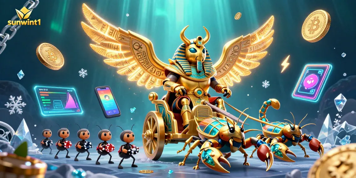 Experience the excitement of sunwint1 with an epic casino-themed illustration featuring a golden beetle chariot and crypto coins.
