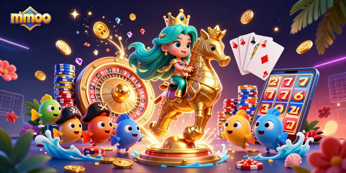 Experience thrilling gaming action with mmoo's vibrant cartoon scene featuring a mermaid princess and casino elements.